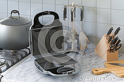 Opened sandwich maker on the kitchen table. 3D rendering Stock Photo