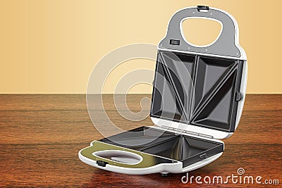 Opened sandwich maker on the wooden table. 3D rendering Stock Photo