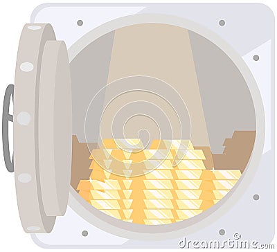 Opened silver metallic bank vault with gold bars. Valuable metal as symbol of wealth and success Vector Illustration