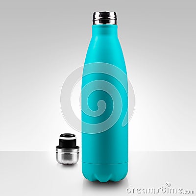 Opened stainless thermo water bottle, close-up isolated on white background. Stock Photo