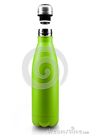 Opened stainless thermo water bottle, close-up isolated on white background. Stock Photo