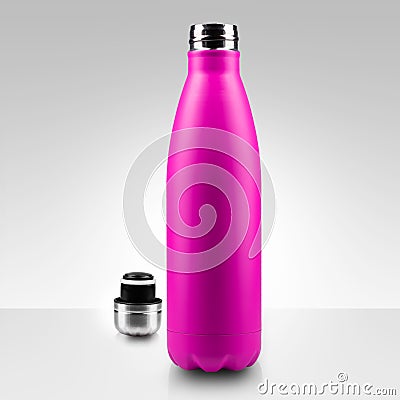Opened stainless thermo water bottle, close-up on white background. Stock Photo