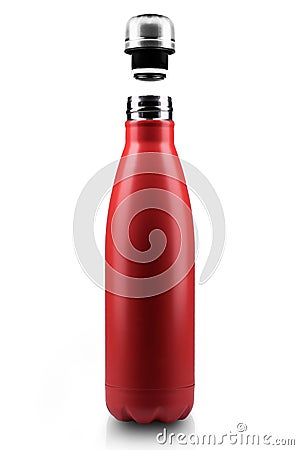 Opened stainless thermo water bottle, close-up on white background. Stock Photo