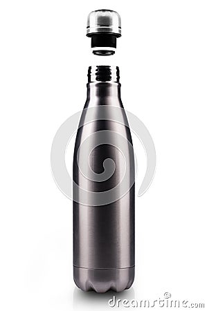 Opened stainless thermo water bottle, close-up isolated on white background. Stock Photo