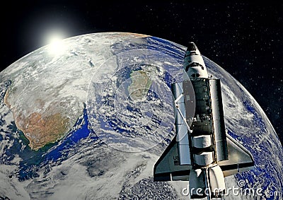 Opened Starship on the earth background. Outer space. Stock Photo