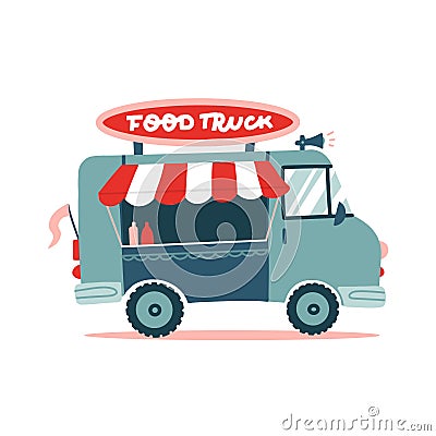 Opened street food truck with Awning, striped tent. Flat vector illustration isolated on white background. Lettering signboard. Cartoon Illustration