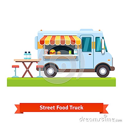 Opened street food truck with free table Vector Illustration