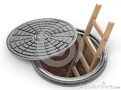 Opened street manhole with wooden ladder inside. 3D Cartoon Illustration