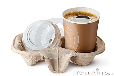 Opened take-out coffee in holder. Lid is near. Stock Photo