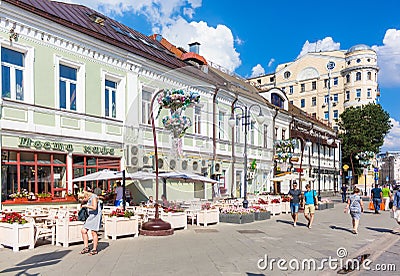 Opened terrace of cafe on Klimentovsky lane in Moscow Editorial Stock Photo