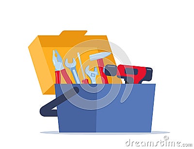 Opened toolbox with instruments inside. Workman`s toolkit. Tool chest with hand tools. Workbox in flat style. Vector illustration Vector Illustration