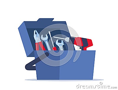 Opened toolbox with instruments inside. Workman`s toolkit. Tool chest with hand tools. Workbox in flat style. Vector illustration Vector Illustration