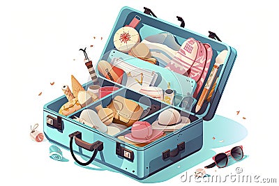 Opened travel suitcase full of things for summer vacation. Vector illustration isolated on white background Cartoon Illustration