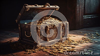 Opened treasure chest full of gold coins. Generative Ai Stock Photo