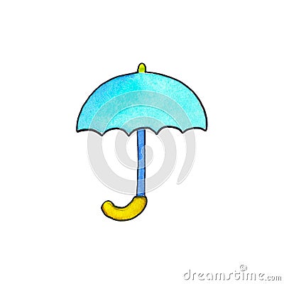 Opened umbrella by watercolor on white background. Rainy day accessory. Cartoon Illustration