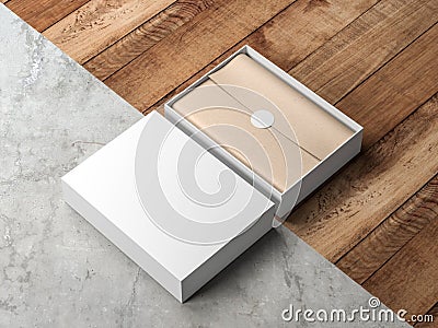 Opened White Gift Box Mockup with kraft wrapping paper and round label on modern floor Stock Photo