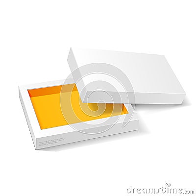 Opened White Orange Yellow Cardboard Package Box. Gift Candy. On White Background . Ready For Your Design. Product Packing Vector Illustration