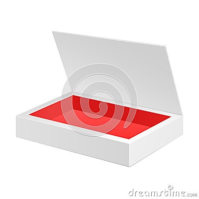 Opened White Red Cardboard Package Box. Gift Candy. On White Background Isolated. Ready For Your Design. Vector Illustration