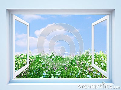 Opened window with meadow view Stock Photo