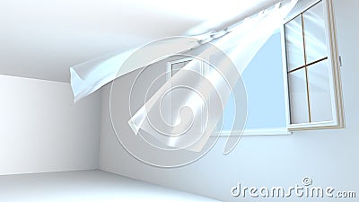 Opened windows, the pure air enters the room. 3D Rendering Stock Photo