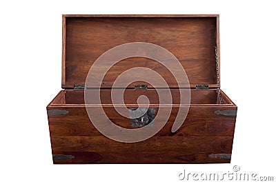 Opened wooden chest frontal view Stock Photo