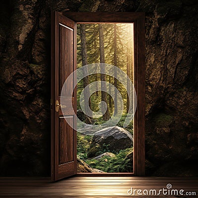 opened wooden door generated by AI tool Stock Photo