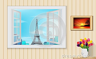 Opened wooden window and view on Eiffel tower Vector Illustration