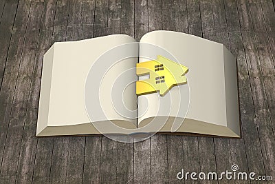 Opening book with gold house on wooden table, Knowledge brings w Stock Photo