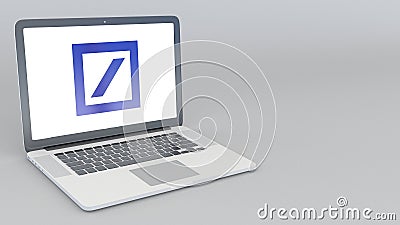 Opening and closing laptop with Deutsche Bank AG logo. 4K editorial 3D rendering Editorial Stock Photo