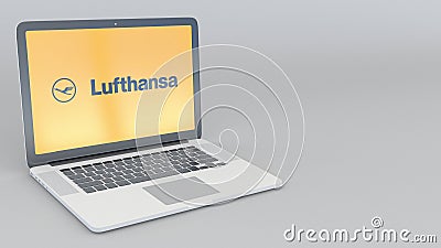 Opening and closing laptop with Deutsche Lufthansa AG logo. 4K editorial 3D rendering Editorial Stock Photo