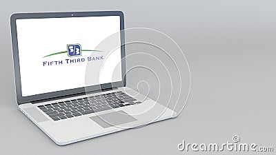 Opening and closing laptop with Fifth Third Bank logo. 4K editorial 3D rendering Editorial Stock Photo