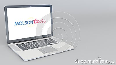 Opening and closing laptop with Molson Coors Brewing Company logo. 4K editorial 3D rendering Editorial Stock Photo