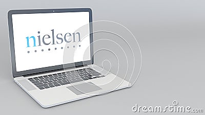 Opening and closing laptop with Nielsen Holdings logo. 4K editorial 3D rendering Editorial Stock Photo