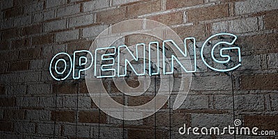 OPENING - Glowing Neon Sign on stonework wall - 3D rendered royalty free stock illustration Cartoon Illustration