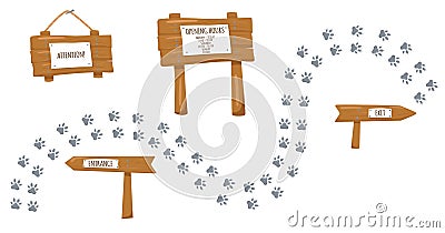 Opening hours, entrance, exit, attention - wooden sign boards set with texture, animal footsteps in cartoon style Vector Illustration