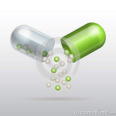 Opening Medical green capsule Vector Illustration