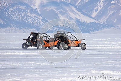 Opening of the Winter Season - Free open auto show - winter carting on the snow track. Karting in the winter Stock Photo