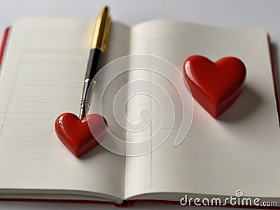 Openning note book white blank page with pen and lovely red ceramic heart shape on white background Stock Photo