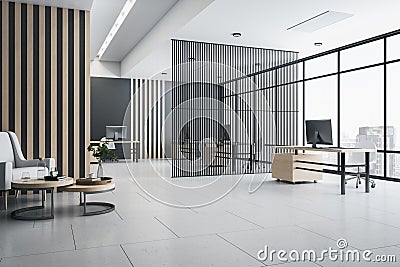 Openspace office interior design with wooden wall and tables, waiting area, tails floor and big window with city view Stock Photo