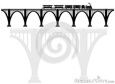 Openwork arch concrete bridge with a steam locomotive. Transport infrastructure. Transportation of passengers. Vector Illustration