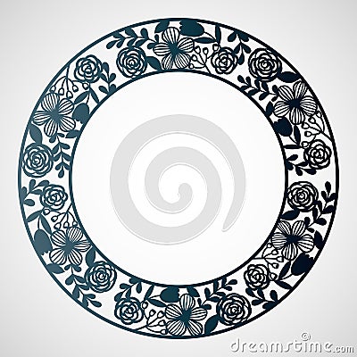 Openwork circular frame with tender flowers. Laser cutting template. Vector Illustration