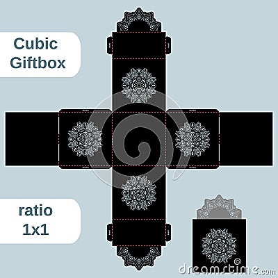 Openwork gift paper box with a handle, lace pattern, cut out template Vector Illustration