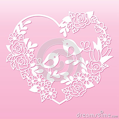 Openwork heart with flowers and birds. Laser cutting template. Vector Illustration