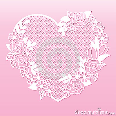 Openwork heart with roses. Laser cutting template. Vector Illustration