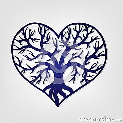 Openwork heart with a tree inside. Laser cutting template Vector Illustration