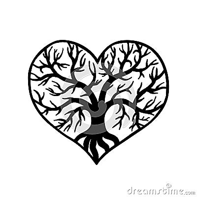 Openwork heart with a tree inside. Laser cutting template Vector Illustration