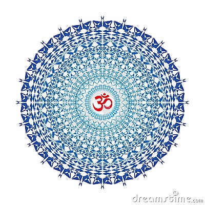 Openwork mandala in blue colors. Aum / Ohm / Om sign in the center. Spiritual and sacral symbol. Vector Illustration