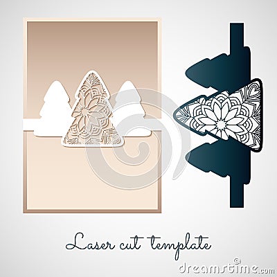 Openwork paper decor with Christmas trees. Laser cutting template. Vector Illustration