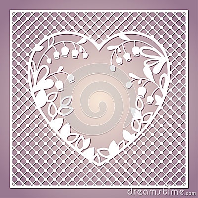 Openwork square card with heart and lilies of the valley. Laser Vector Illustration