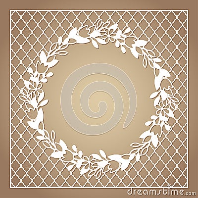 Openwork square frame with wreath of flowers. Laser cutting template Vector Illustration